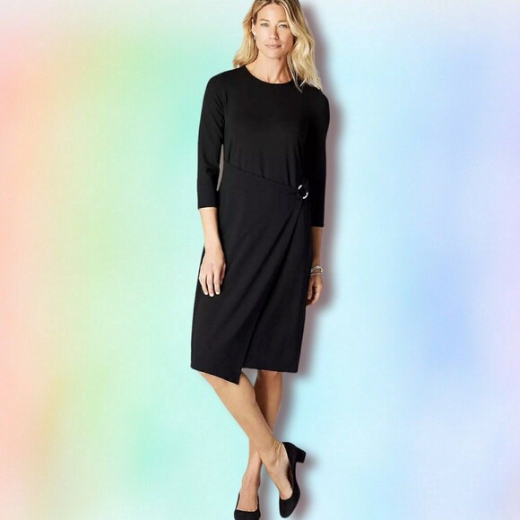 J. Jill M‎ Dress Luxurious Wearever Black Draped Front Faux Wrap minimalist - Picture 1 of 6